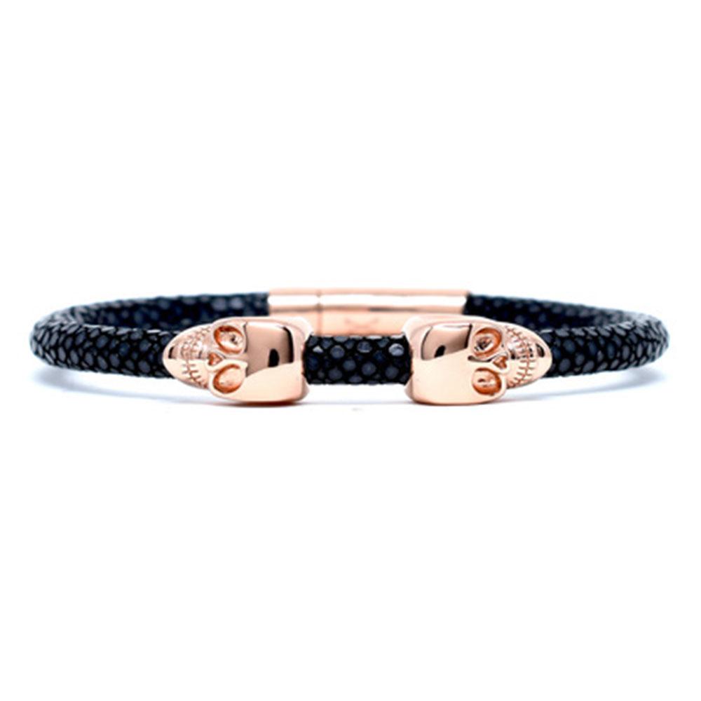 Skull Bracelet | Black | 2 Rose Gold Skulls | Double Bone